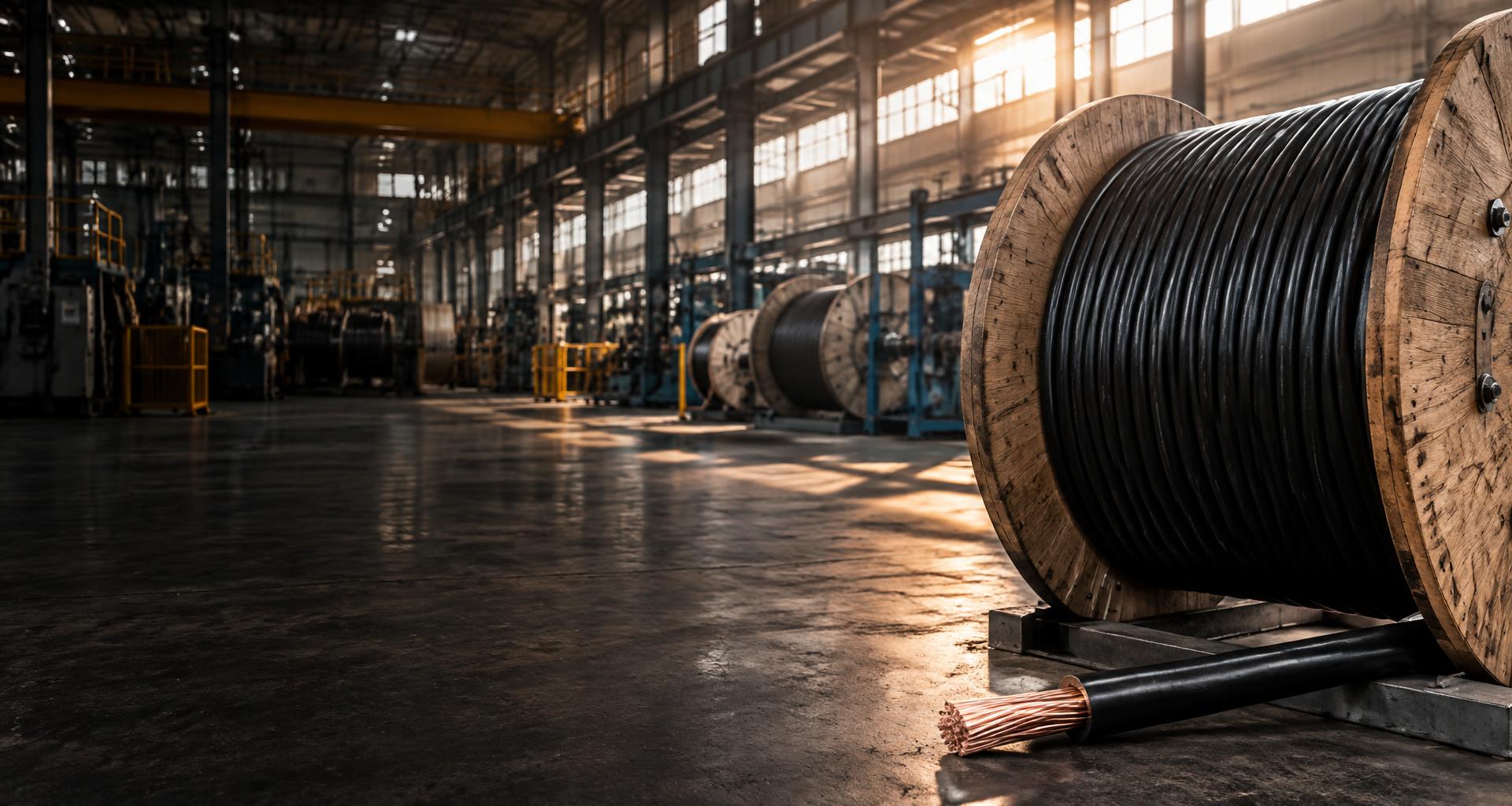 Heavy-duty power cables on wooden reels in a cable manufacturing facility
